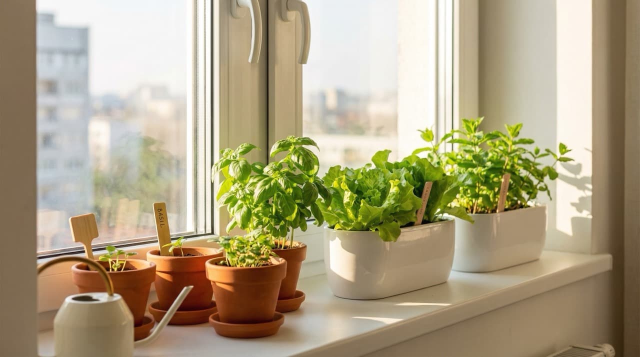 Fresh herbs and greens growing in an apartment window