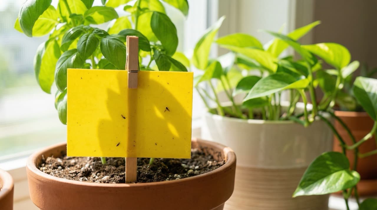 Yellow sticky trap near indoor plants
