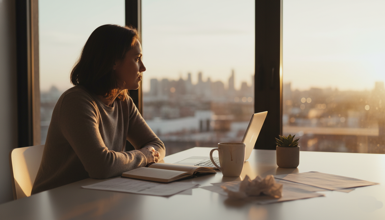 Professional experiencing Sunday night anxiety at kitchen table